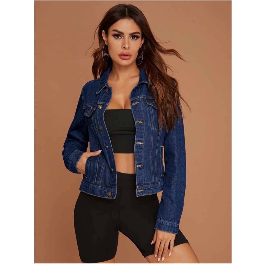 Dark Wash Blue Denim Jean Jacket Classic Button Up / Down Front Pockets - Picture 6 of 9